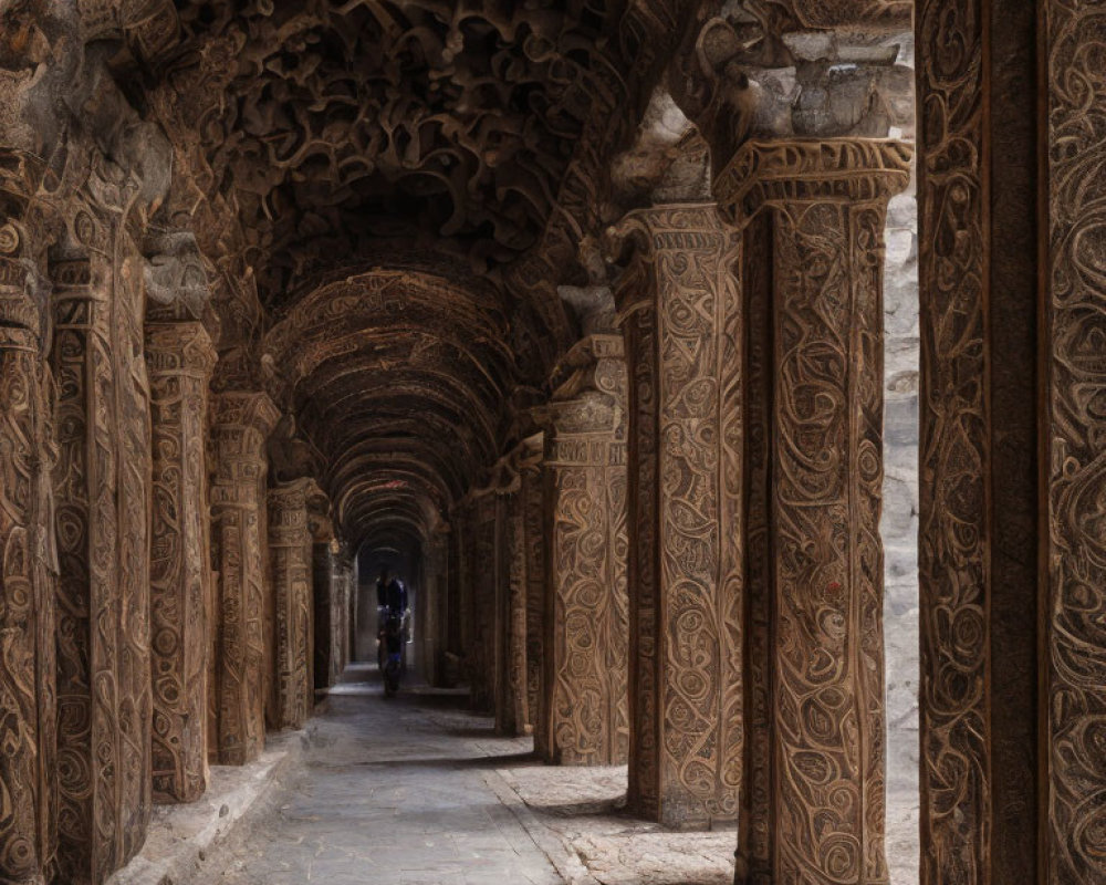 Intricate Stone Carvings in Ancient Corridor with Dim Lighting