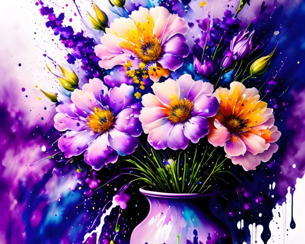 Colorful digital artwork: Vibrant flowers in pink, yellow, and purple on a dynamic purple background