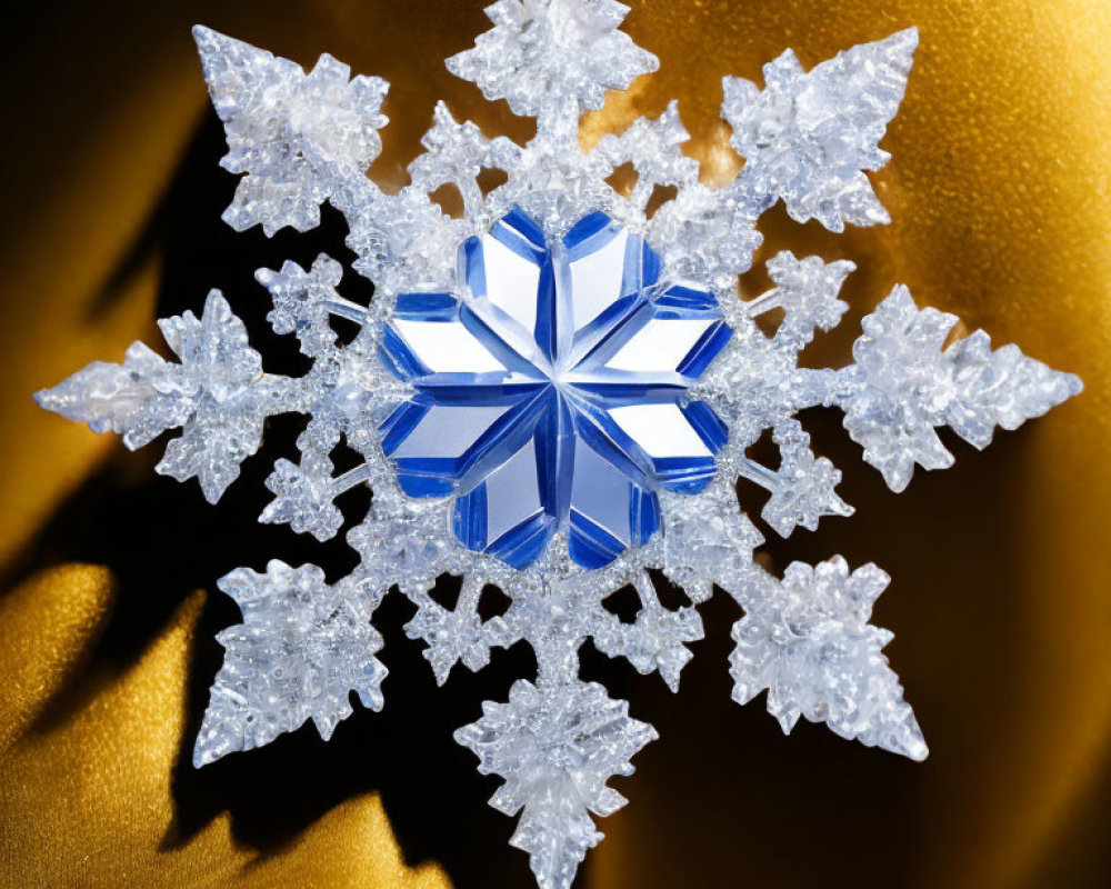 Detailed Crystal Snowflake Ornament on Golden Fabric Background