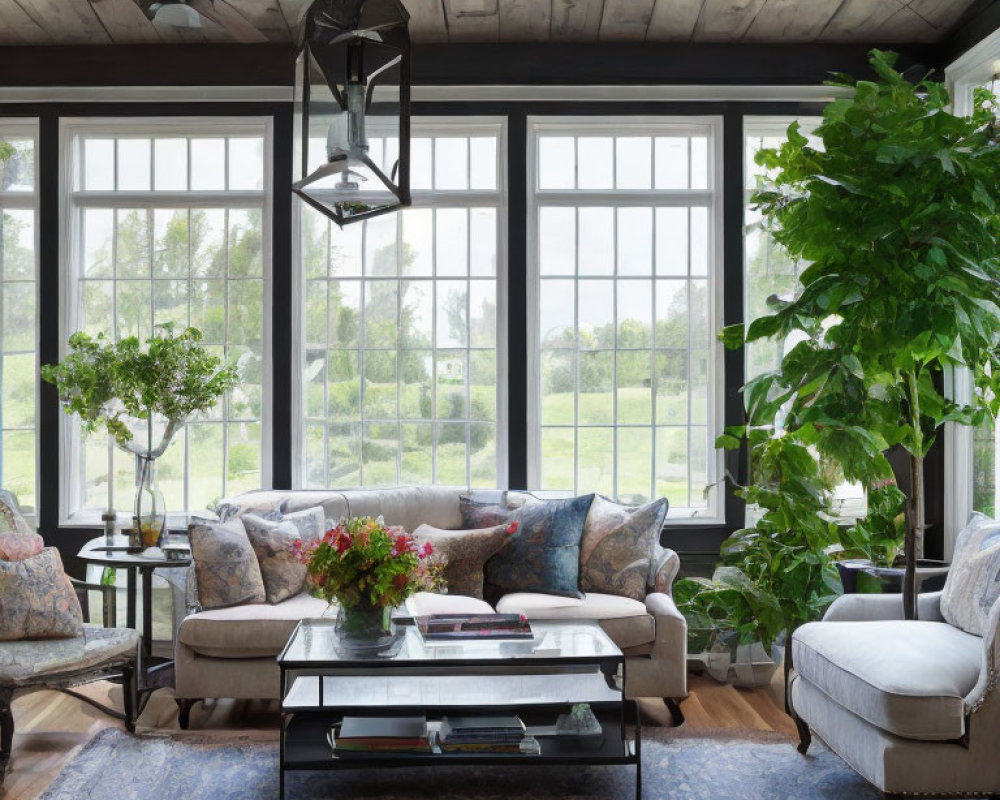 Rustic living room with beige sofa, blue rug, wooden ceiling, and indoor plants