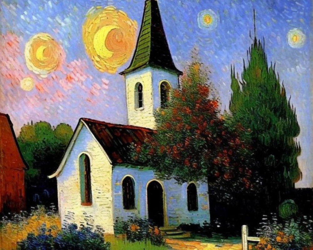 Colorful painting of church under starry night with celestial swirls