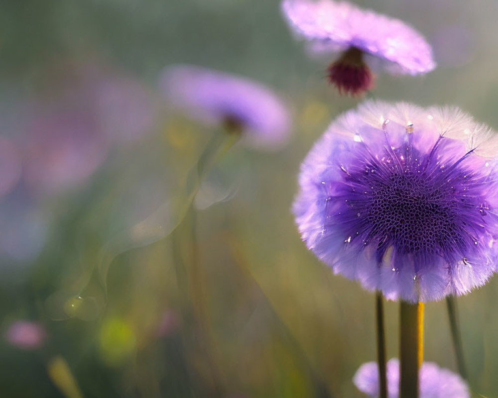 Detailed view of purple flowers with soft-focus background and water droplets on petals