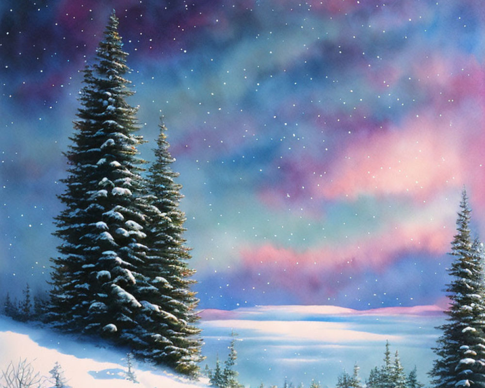 Snowy Night Landscape with Evergreen Trees and Starry Sky