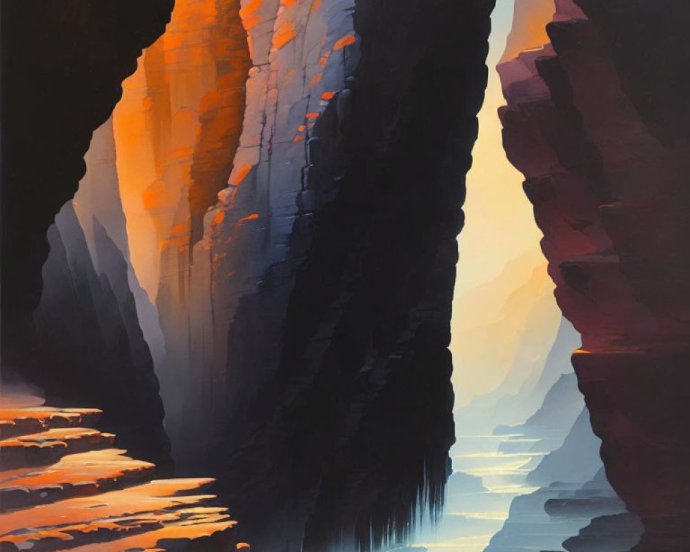 Vivid Canyon Painting: Orange and Purple Walls Reflecting Sunset Light