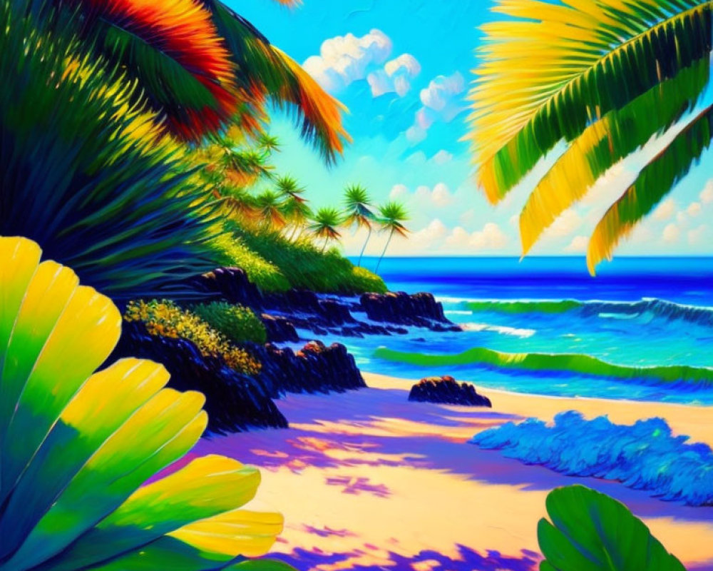 Tropical Beach Scene with Palm Fronds, Azure Sea, and Rocky Shoreline