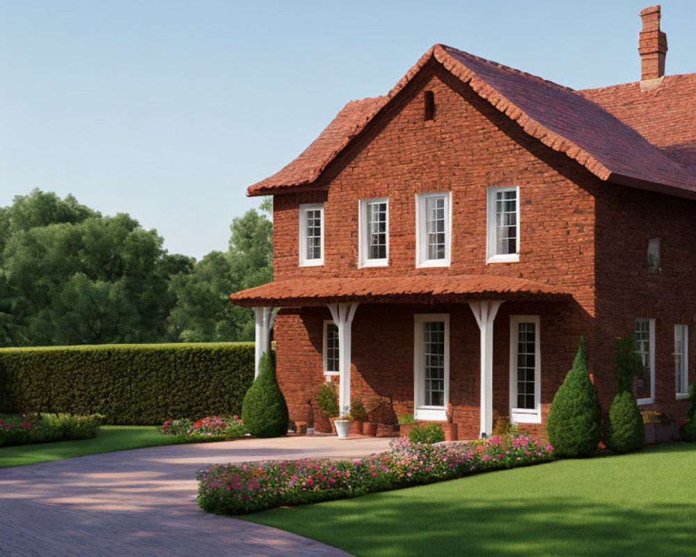 Two-story brick house with white windows and manicured garden