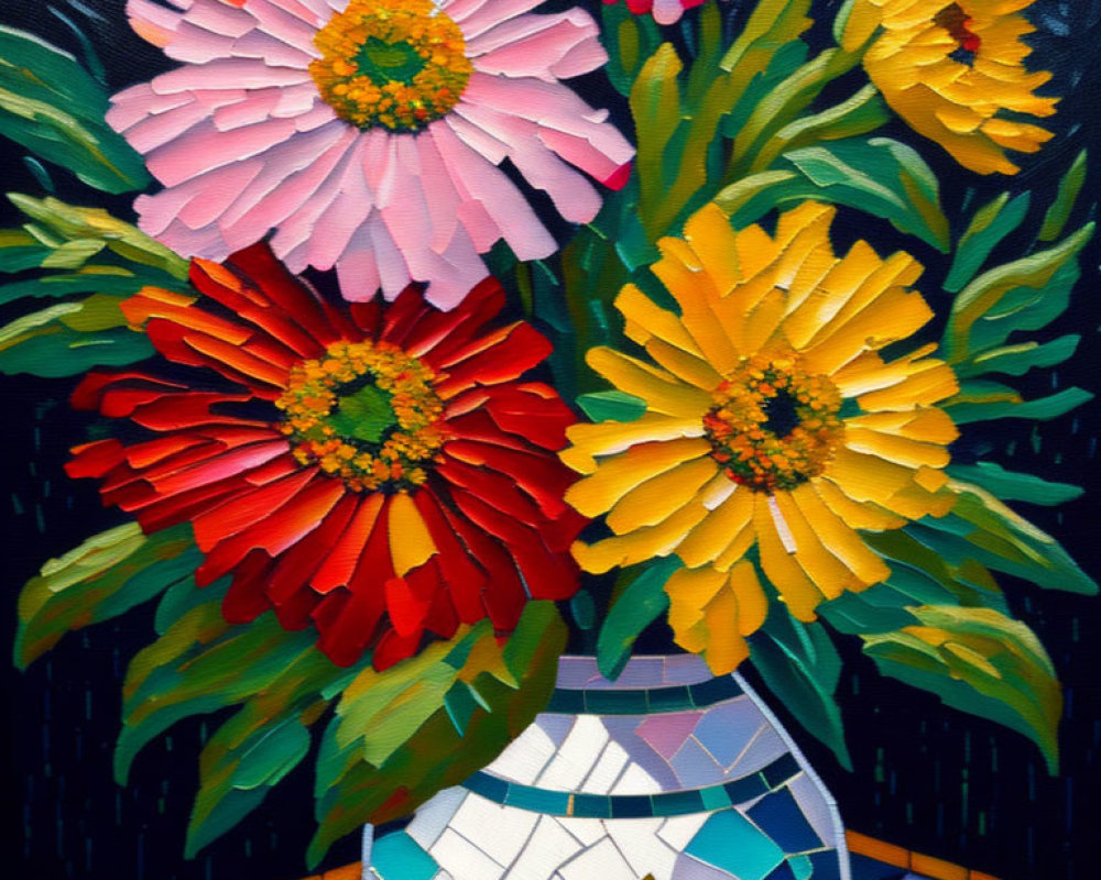 Vibrant Flower Bouquet in Mosaic Vase on Dark Background