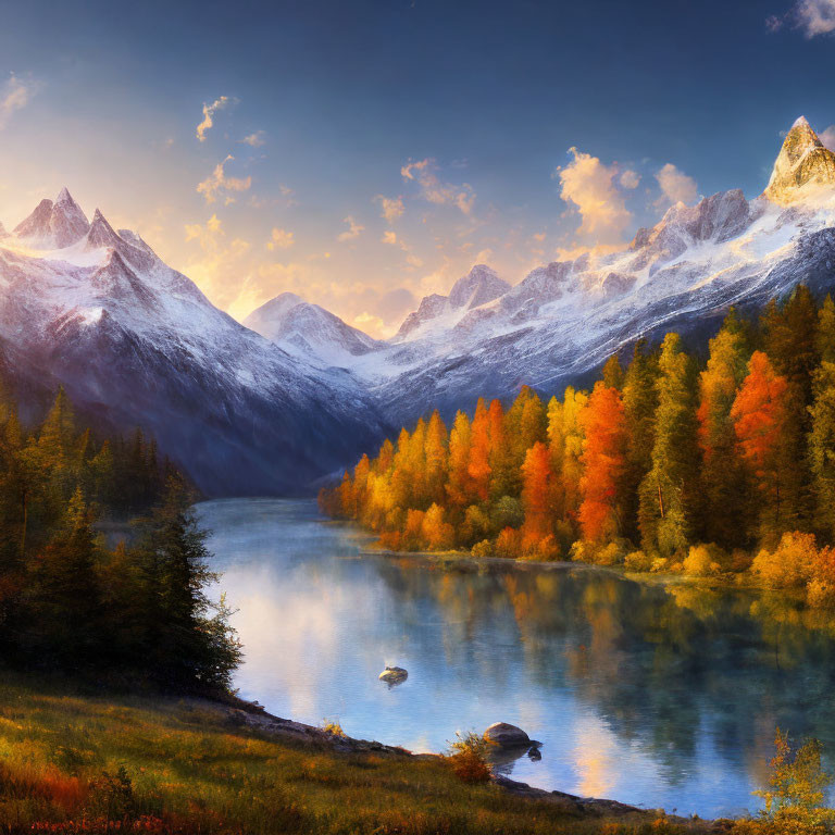 Scenic autumn landscape with vibrant foliage, tranquil lake, snow-capped mountains, and sunset reflections.