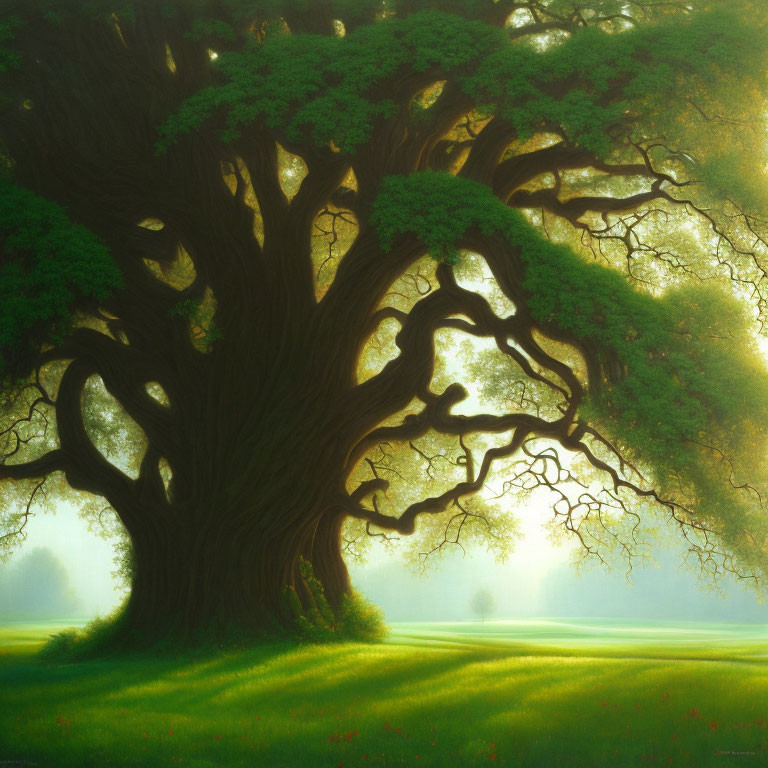 Majestic large tree with thick trunk and sprawling branches in soft morning light