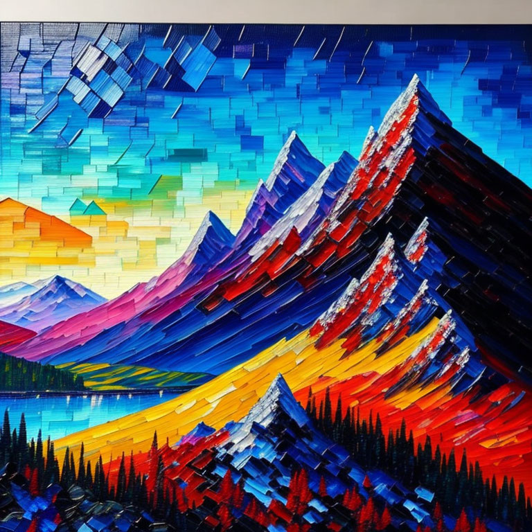 Vivid Geometric Mountain Landscape Painting in Bold Hues