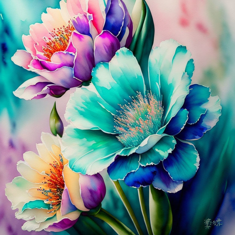 Colorful painting of turquoise and pink flowers on dreamy background