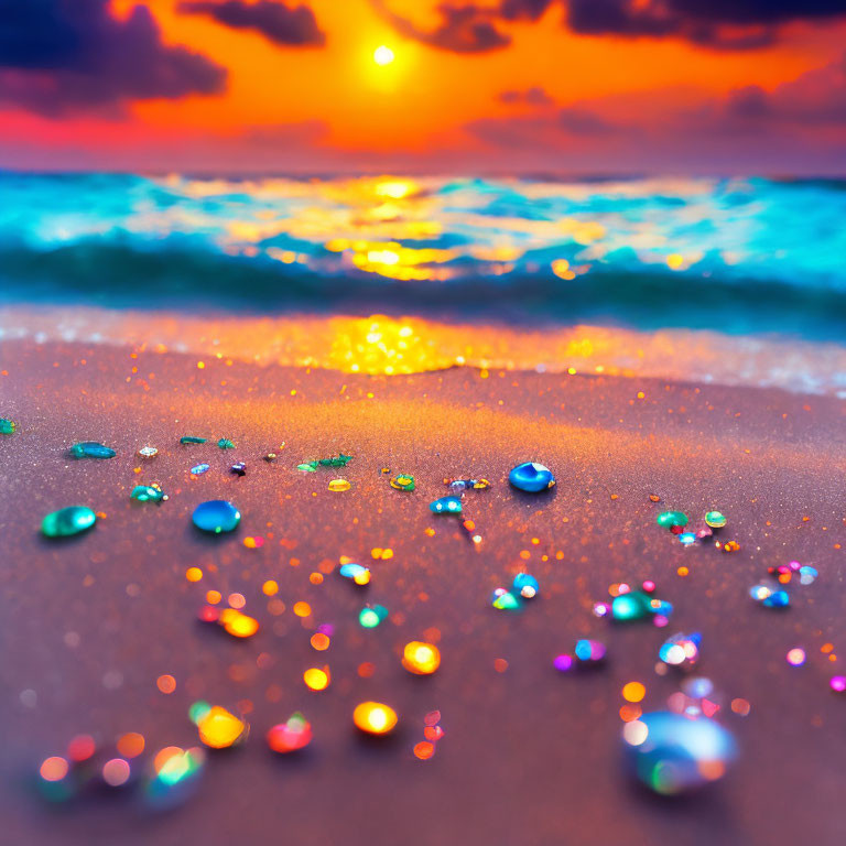 Colorful gem-like stones on sandy beach at sunset