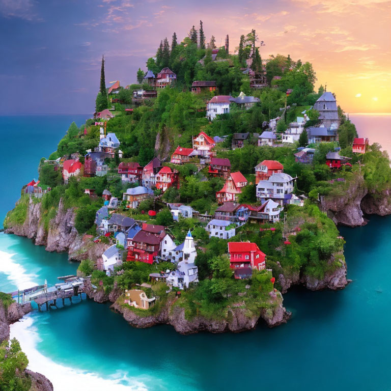 Scenic cliff village with colorful houses and sunset skies