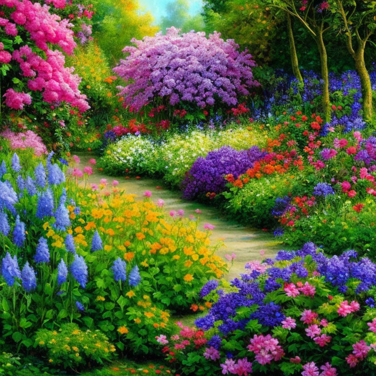 Lush, colorful flowers in full bloom on vibrant garden path