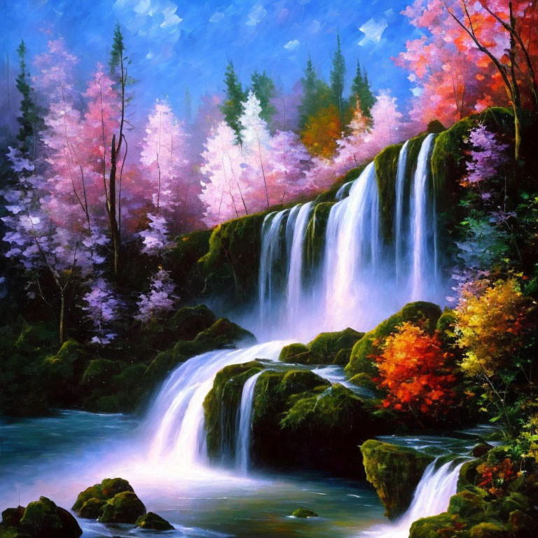 Colorful autumn waterfall painting with pink hues in lush forest landscape