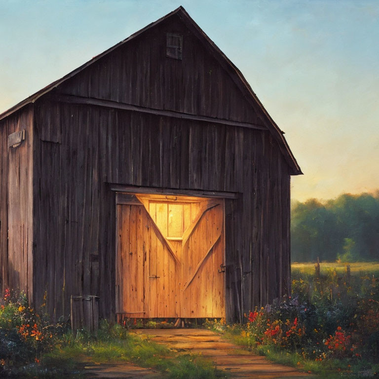 Rustic wooden barn with sunlit double doors in tranquil countryside.