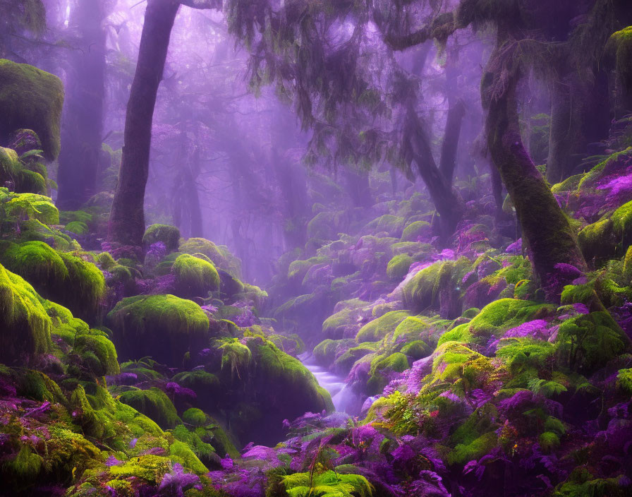 Enchanting forest scene with moss-covered rocks and purple hues