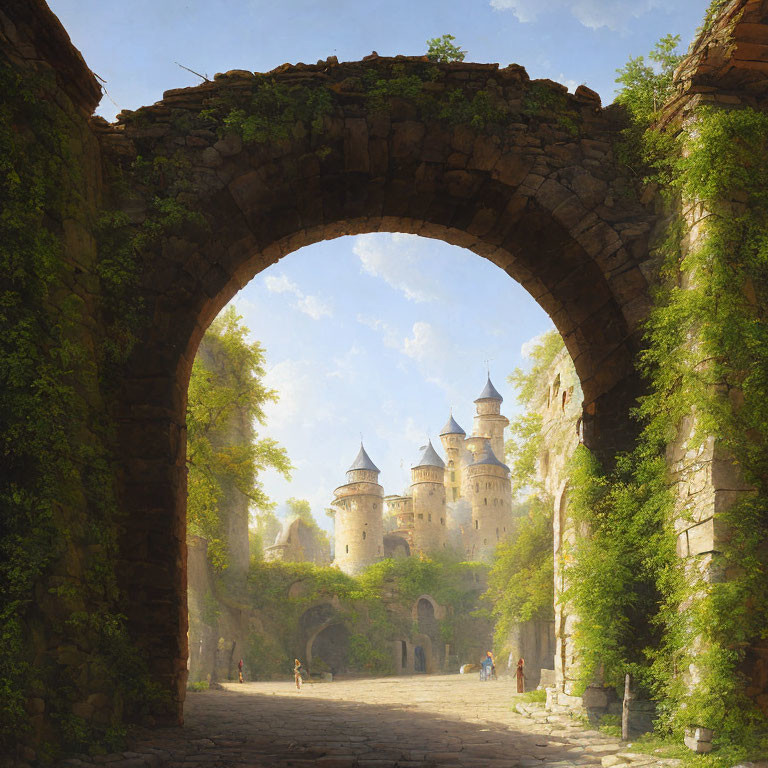 Medieval castle framed by stone archway, figures at gate