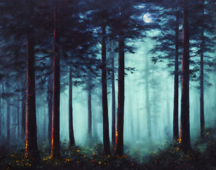 Moonlit forest scene with tall trees and misty ambiance illuminated by glowing lights