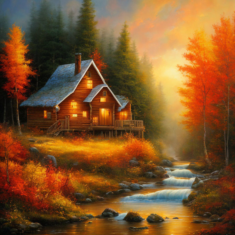 Autumn cabin by babbling stream amid vibrant fall foliage