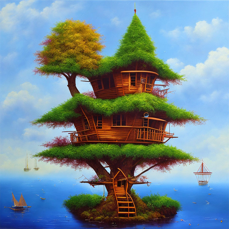 Multilevel treehouse painting with sailboats in sky