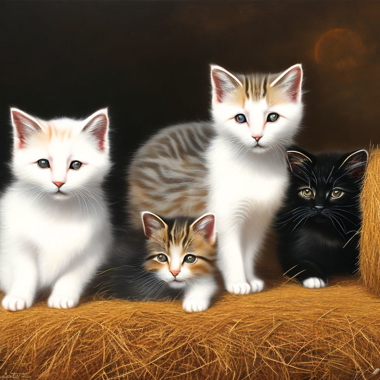 Four Cute Kittens Posing on Straw Surface