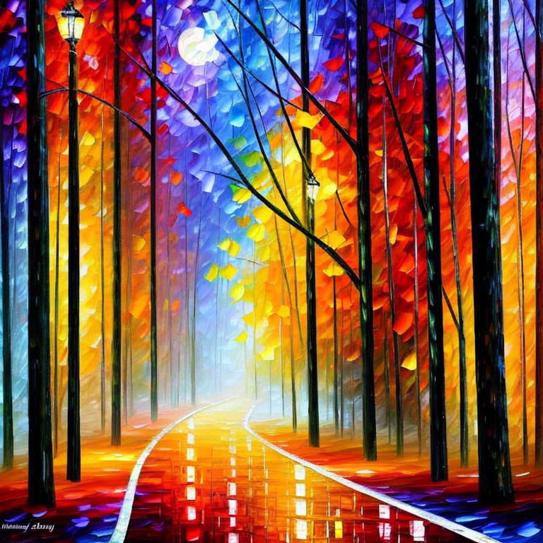 Colorful Autumn Forest Path Painting with Street Lamps and Reflections