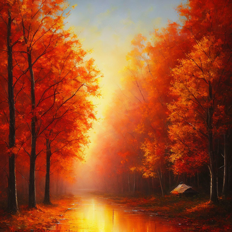 Golden-red trees lining path in misty autumn scene with small tent.