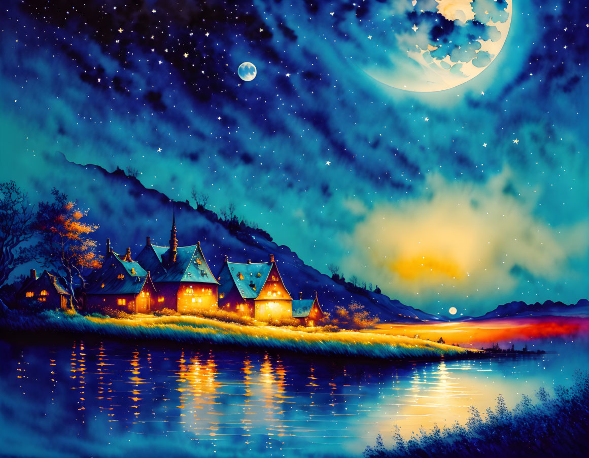 Village by River: Starry Night, Crescent Moon, Cozy Cottages