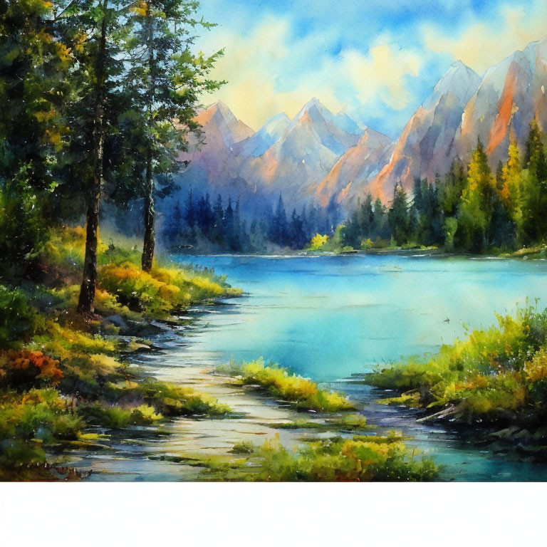 Tranquil Lake Landscape with Trees and Mountains