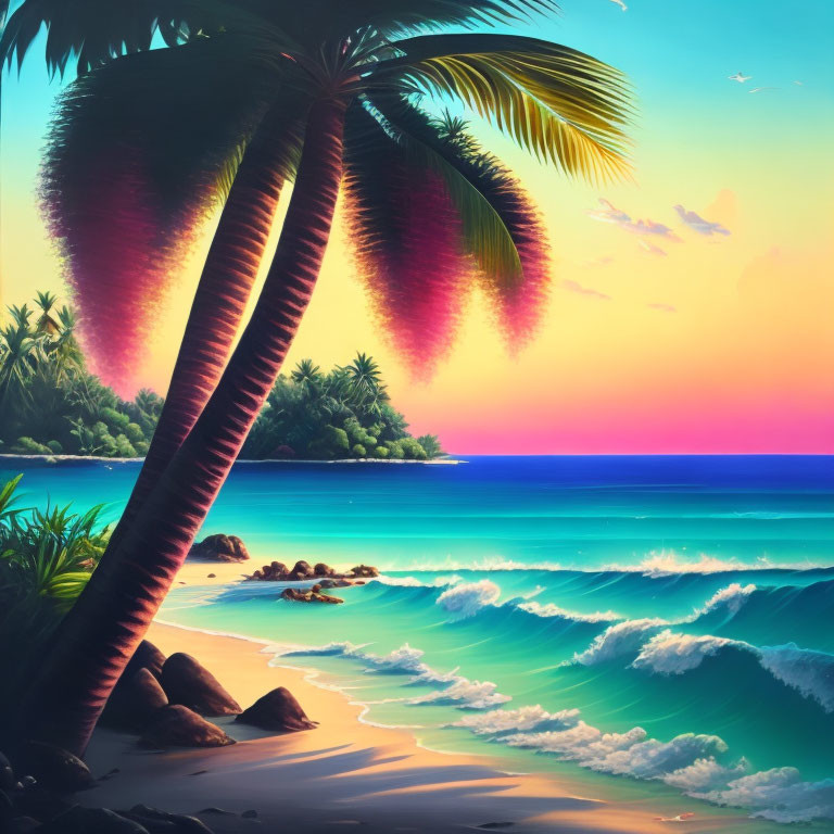 Scenic tropical beach sunset with palm trees and vibrant sky hues