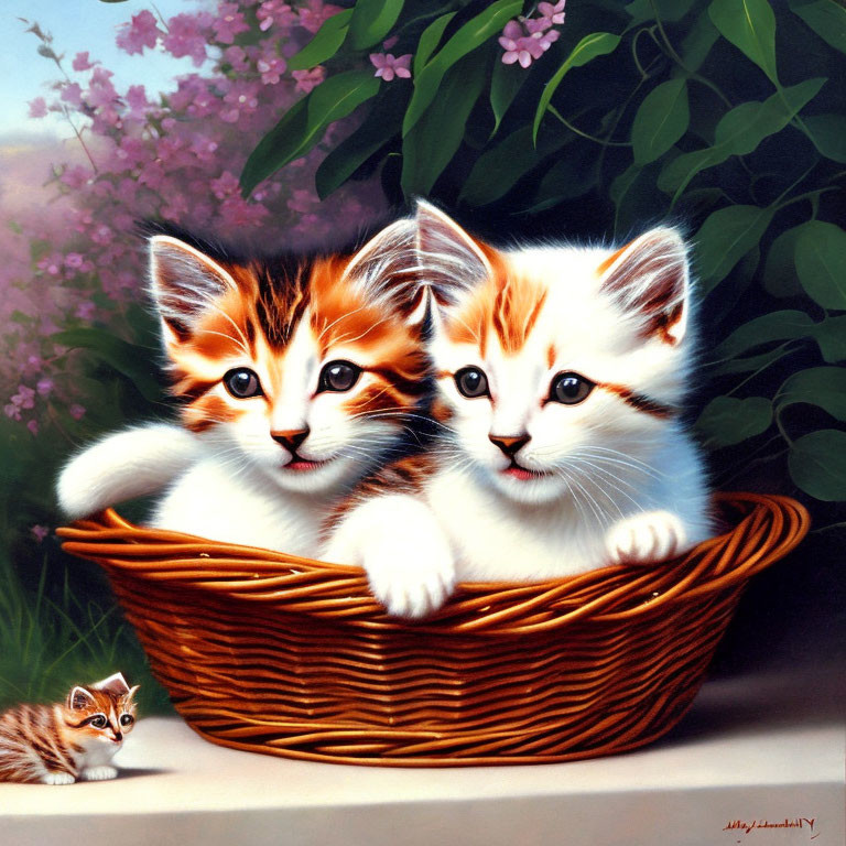 Three kittens in wicker basket surrounded by pink flowers