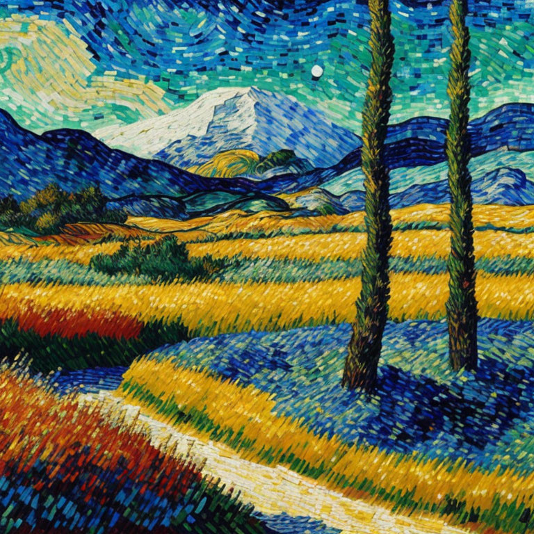 Vibrant landscape painting: mountains, moonlit sky, cypress trees