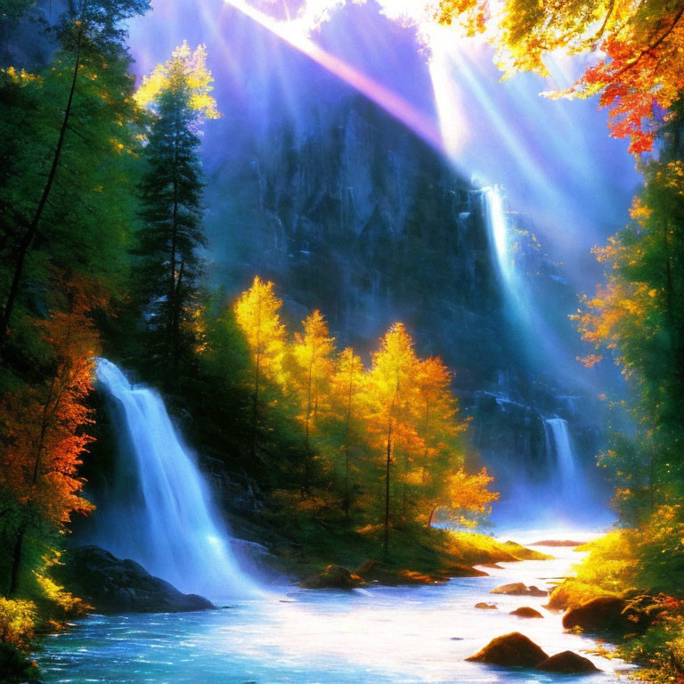 Scenic autumn forest with waterfalls and sunlit river