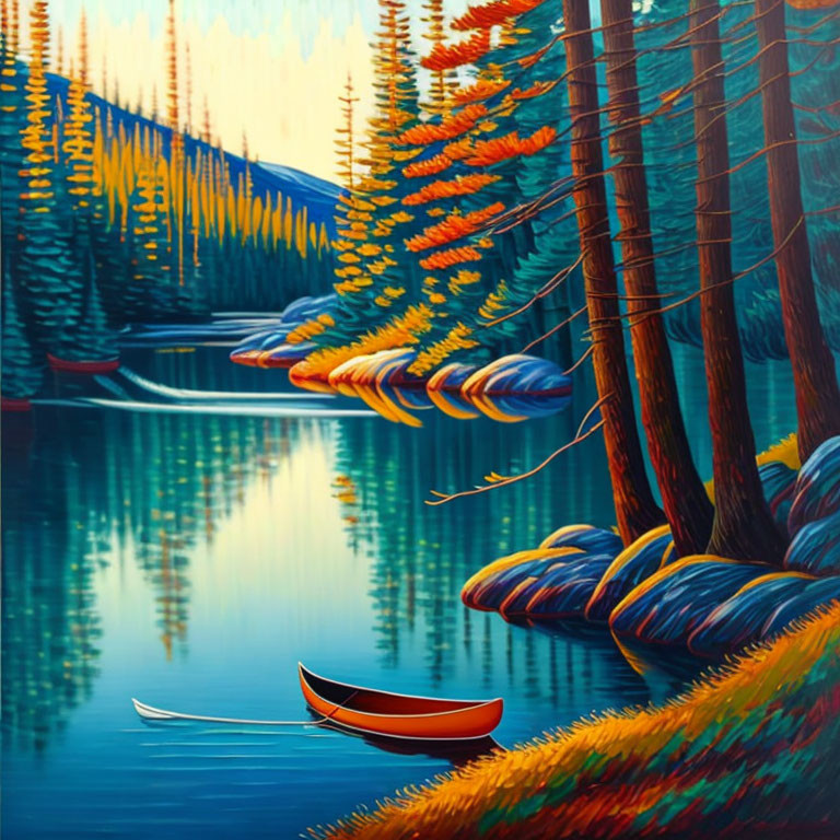 Colorful Stylized Forest Scene with Red Canoe by Calm Blue Lake