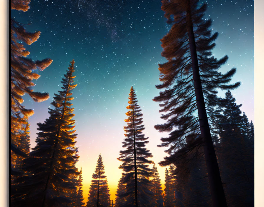 Twilight sky with stars above silhouetted pine trees