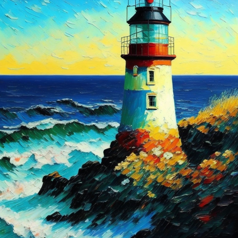 Red and white lighthouse oil painting on rocky shore with crashing waves and sunset sky