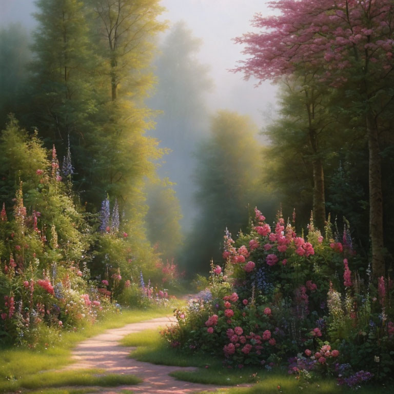 Tranquil woodland path with colorful flowers and trees