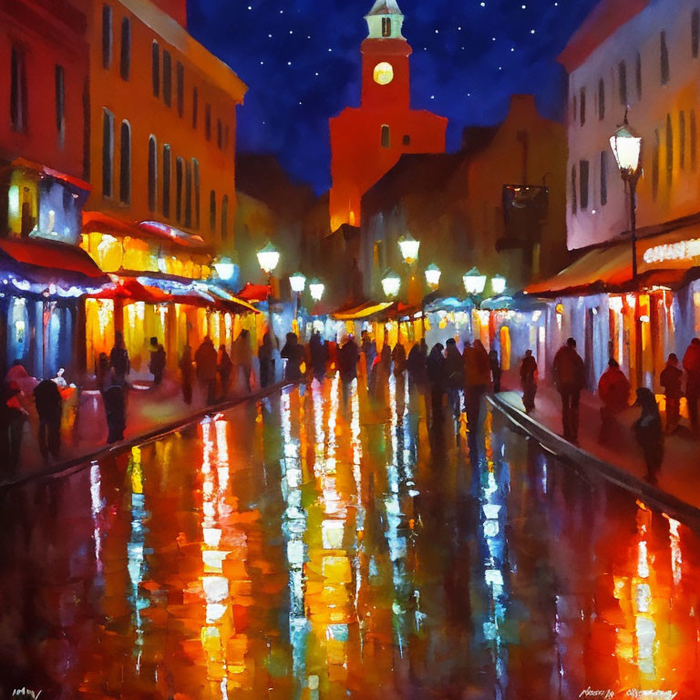 Colorful painting of night street scene with clock tower & reflections