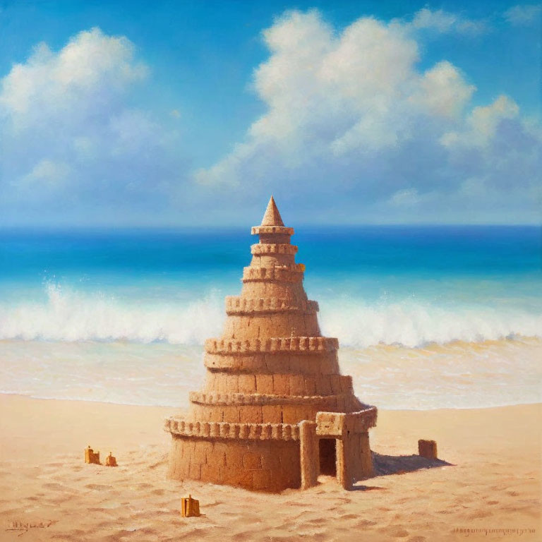 Detailed Sandcastle with Multiple Tiers on Beach Shore