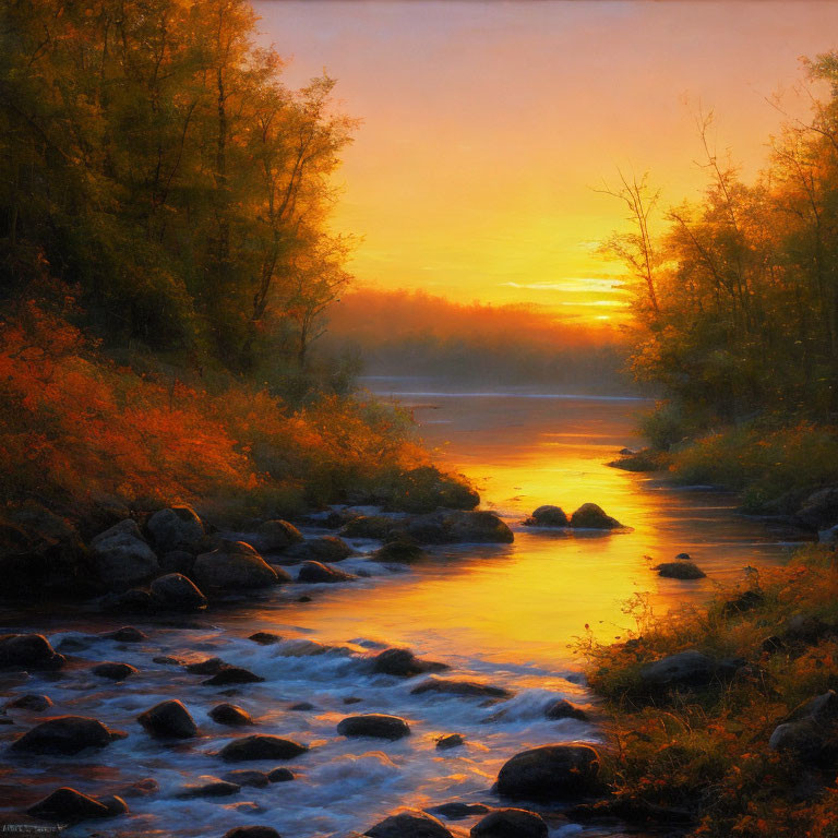 Tranquil River Sunset with Autumn Trees