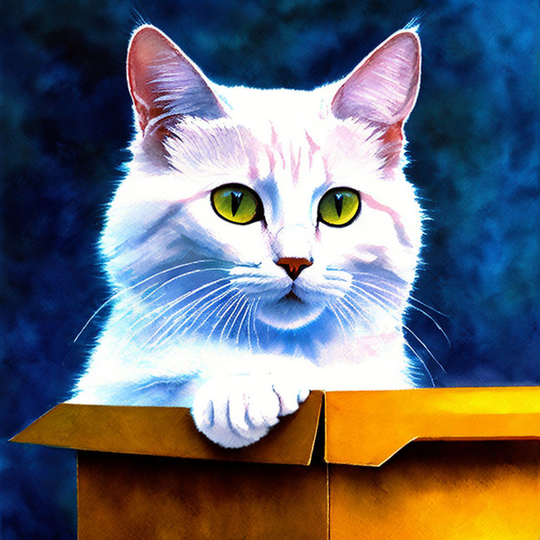 White Cat with Yellow Eyes in Cardboard Box on Blue Background