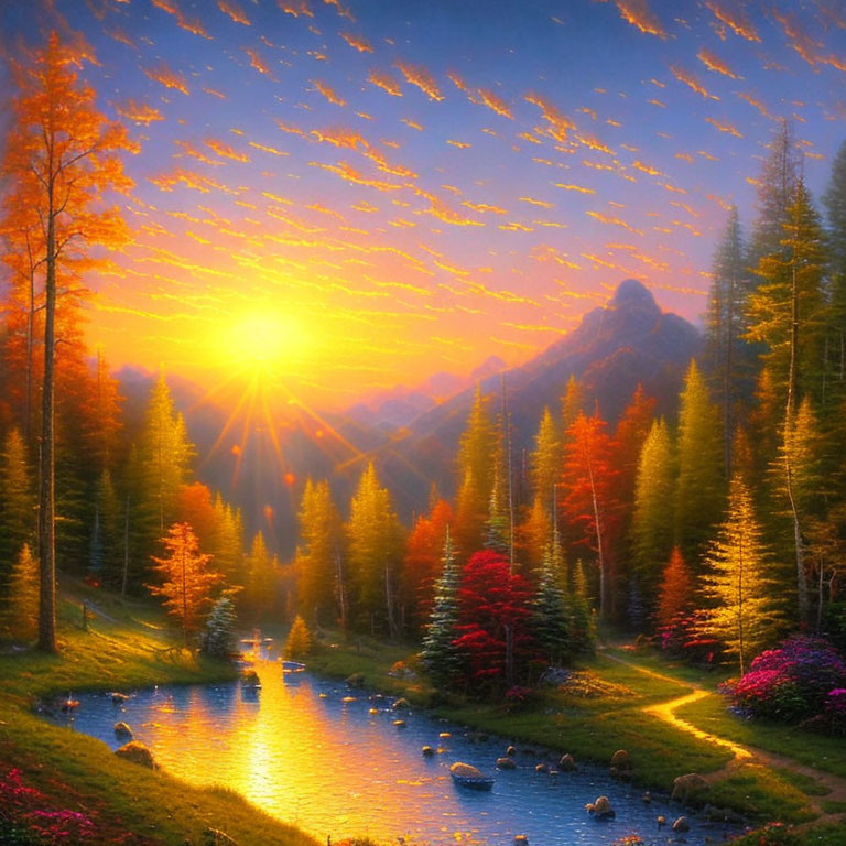 Colorful Autumn Landscape with Sunset, River, and Skies