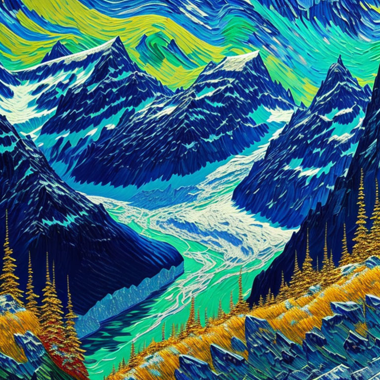 Colorful Mountain Landscape Painting with Blue Peaks, Swirling Sky, and River in Pine Forest