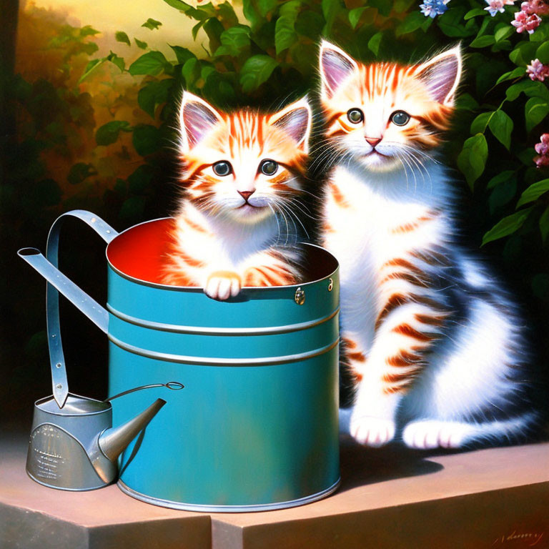 Orange and white kittens with blue watering can and bucket in lush garden scene