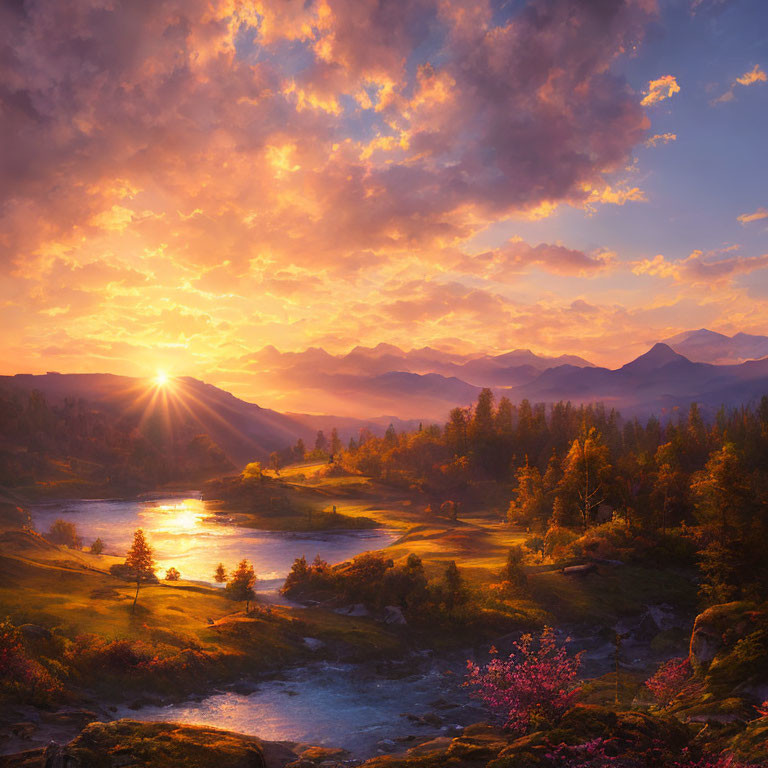 Scenic sunset over tranquil river in mountainous landscape