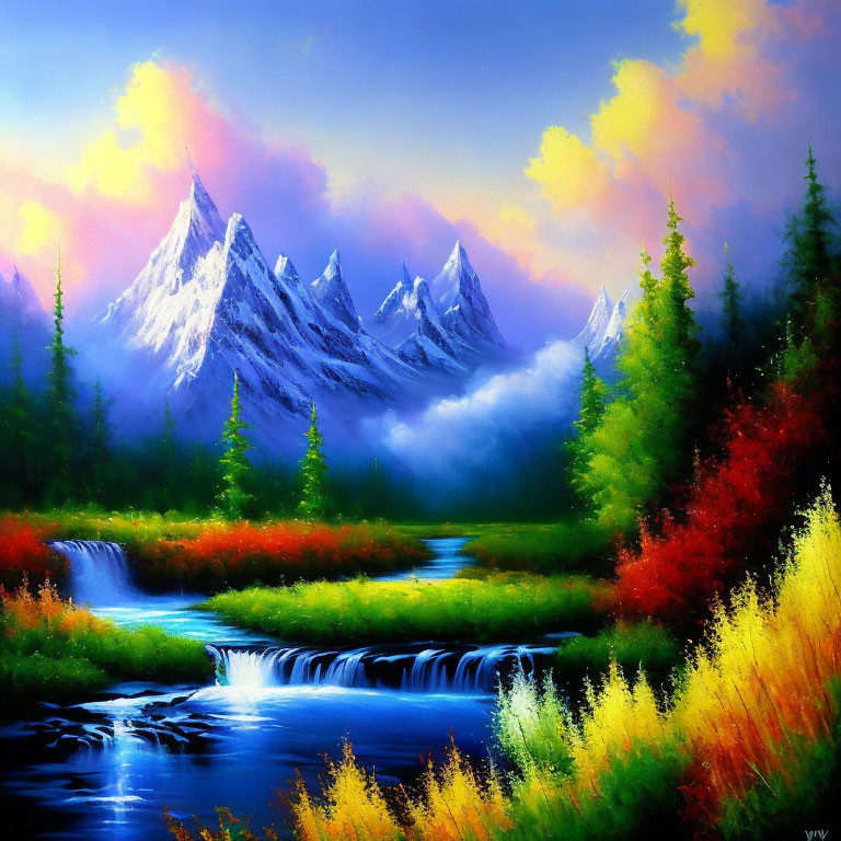 Colorful Landscape Painting with Snowy Peaks, River, Autumn Trees, and Sunset Sky