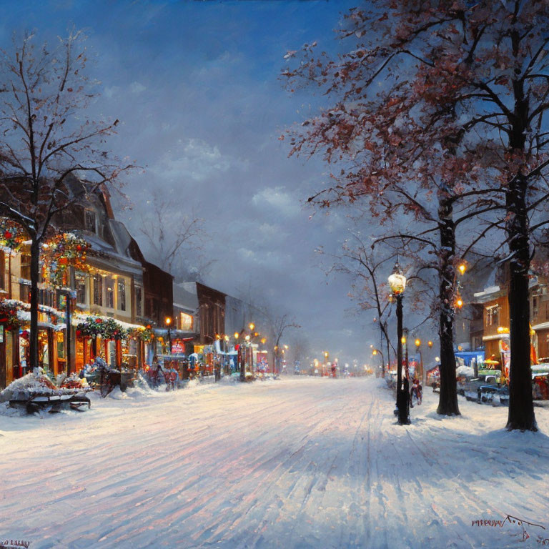 Snowy Evening Scene: Illuminated Street Lamps, Decorated Shops, and Snow-Covered