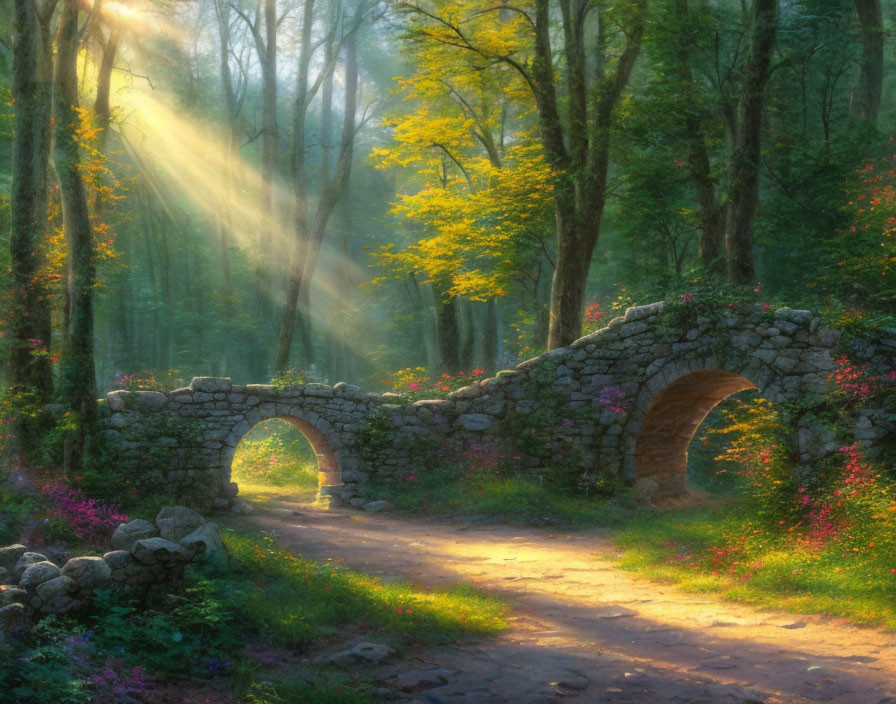 Forest stone bridge illuminated by sunrays in vibrant setting