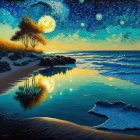 Night Seascape Painting with Glowing Moon, Stars, and Windswept Tree